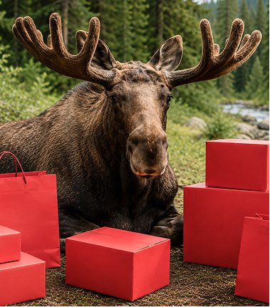 Una familia de cuatro personas con un ciervo con grandes astas detrás de cajas rojas y bolsas en el