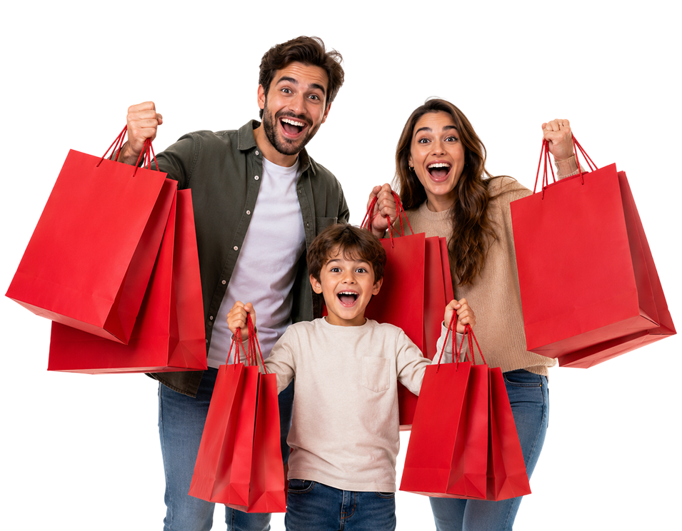 Familia de tres personas con bolsas de compras rojas Servicio de casillero internacional ÁgilBox facilita la recepción d